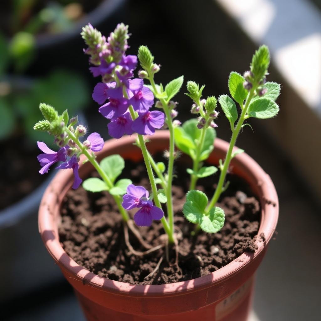 Salvia cuttings rooting in moist free-draining seed and cutting compost in a small terracotta pot