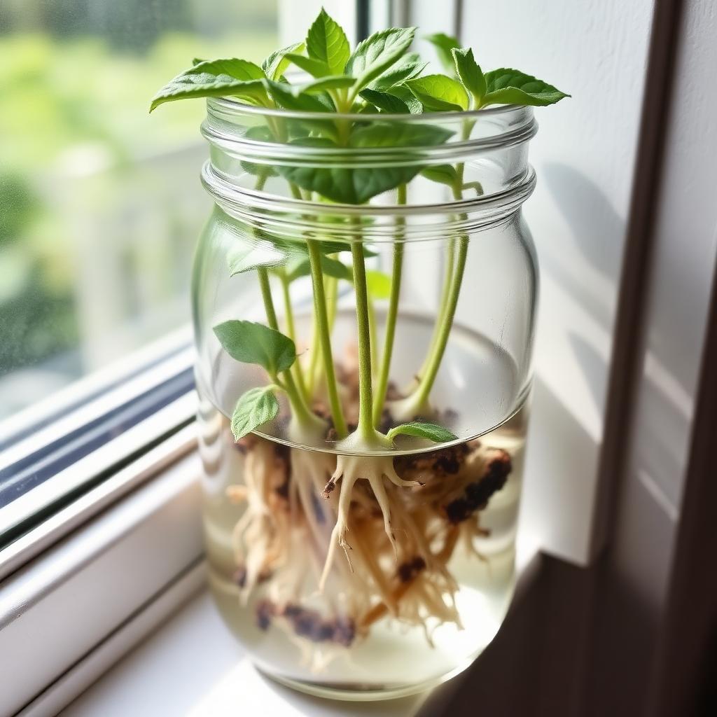 Salvia cuttings in a clear glass jar of water on a bright windowsill with early white roots forming