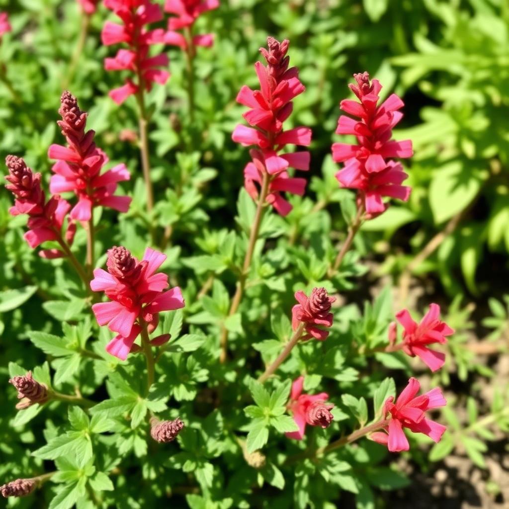 Salvia microphylla or greggii type shrubby salvia with small pink red tubular flowers and aromatic small green leaves