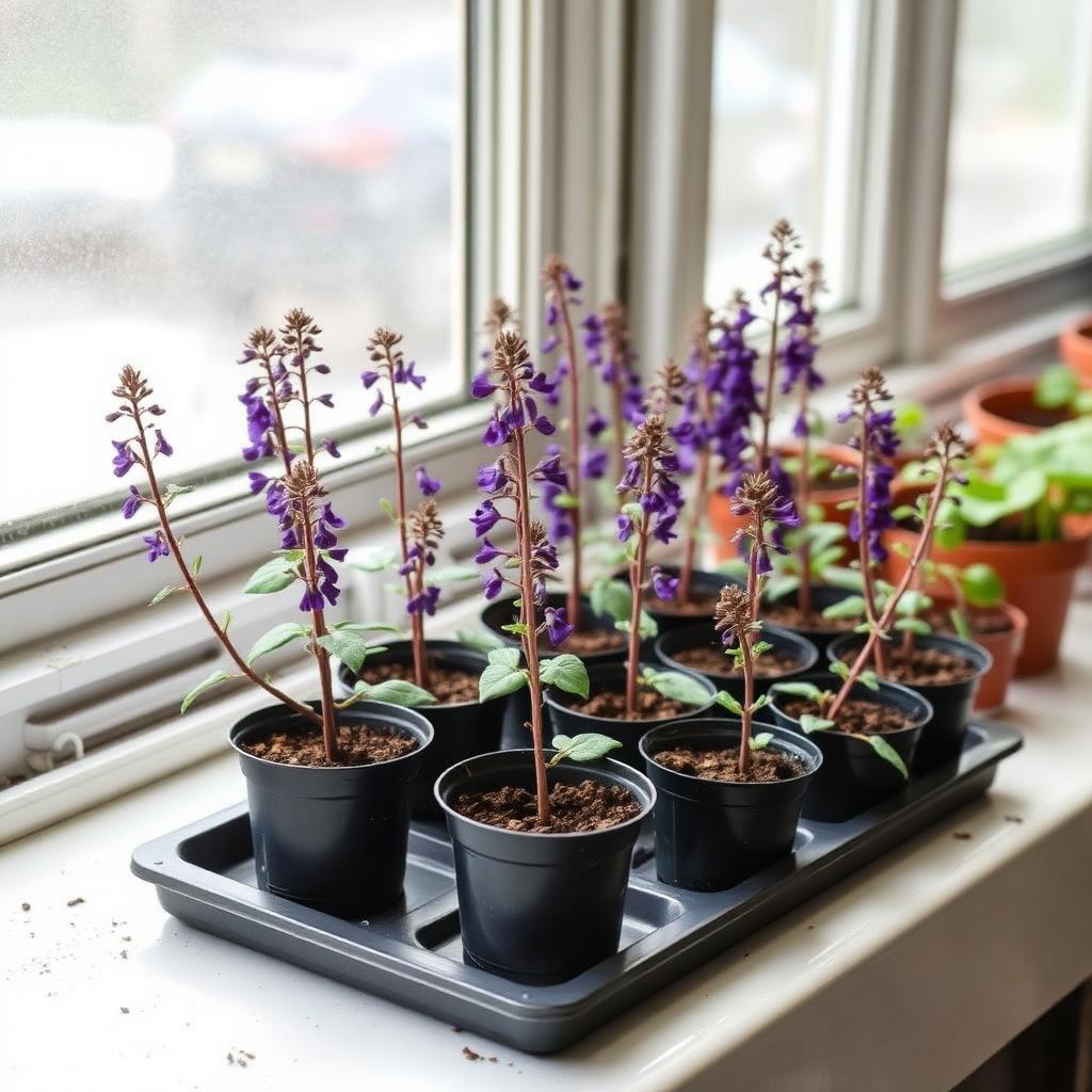 Young salvia cuttings overwintering on a bright greenhouse windowsill in a tray of small pots