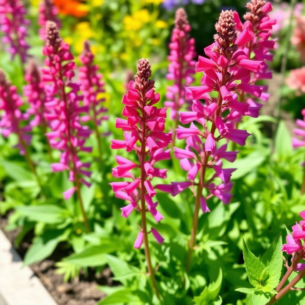Healthy ornamental salvia parent plant with pink tubular flowers and fresh foliage in a garden border