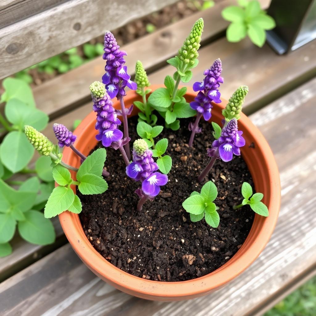 Several fresh salvia cuttings inserted around the edge of a small terracotta pot with gritty free-draining compost
