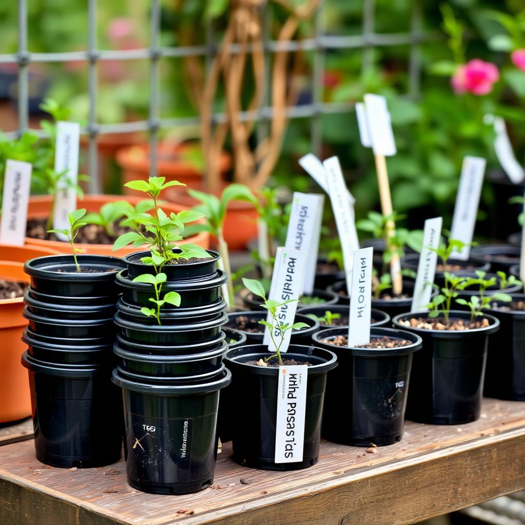 Stack of small black plastic nursery pots and plant labels on a potting bench ready for cuttings