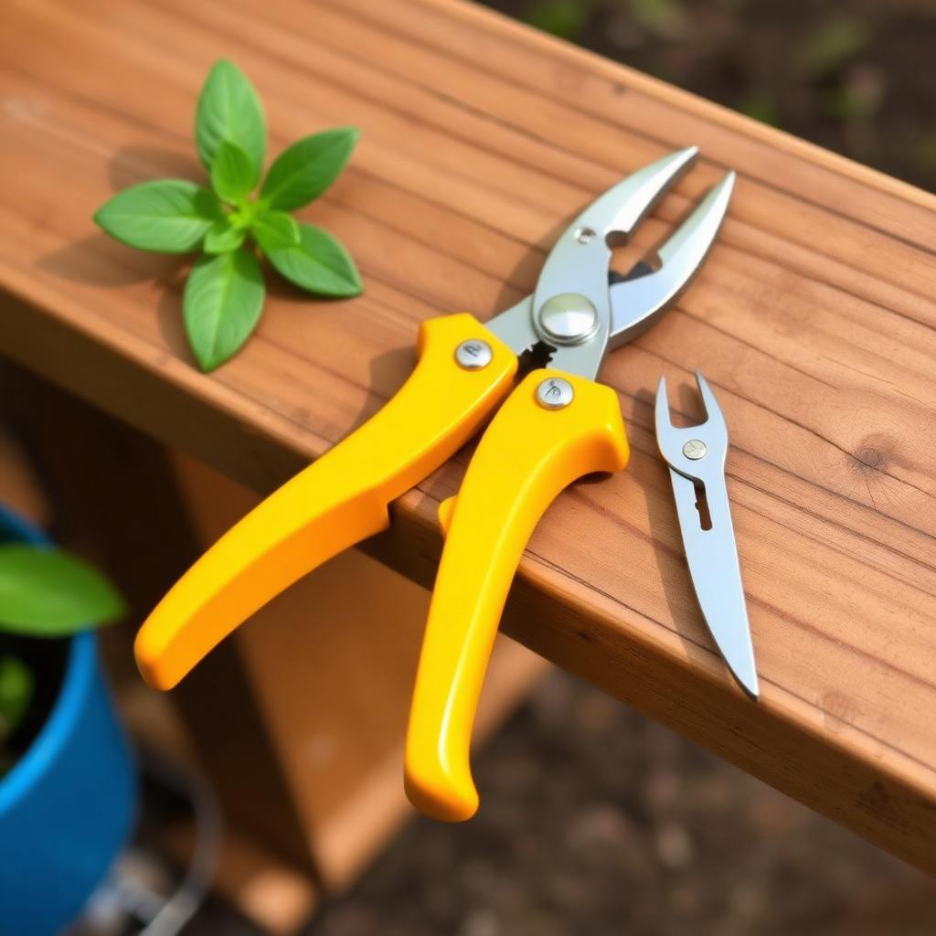 Clean sharp bypass hand pruners and propagation snips on a wooden garden bench