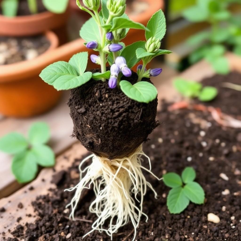 A rooted salvia cutting lifted from compost showing healthy white roots