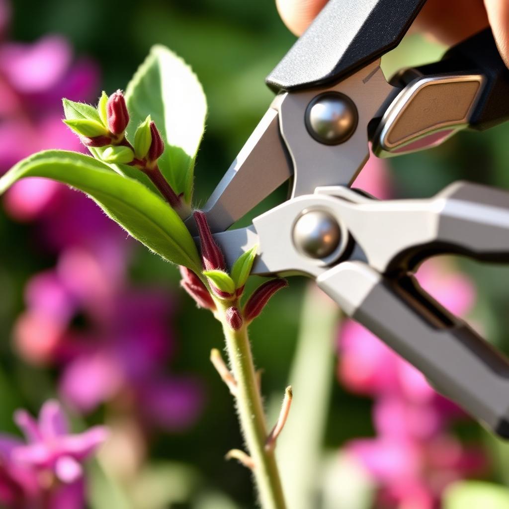 Close up of pruners cutting an ornamental salvia stem just below a leaf joint