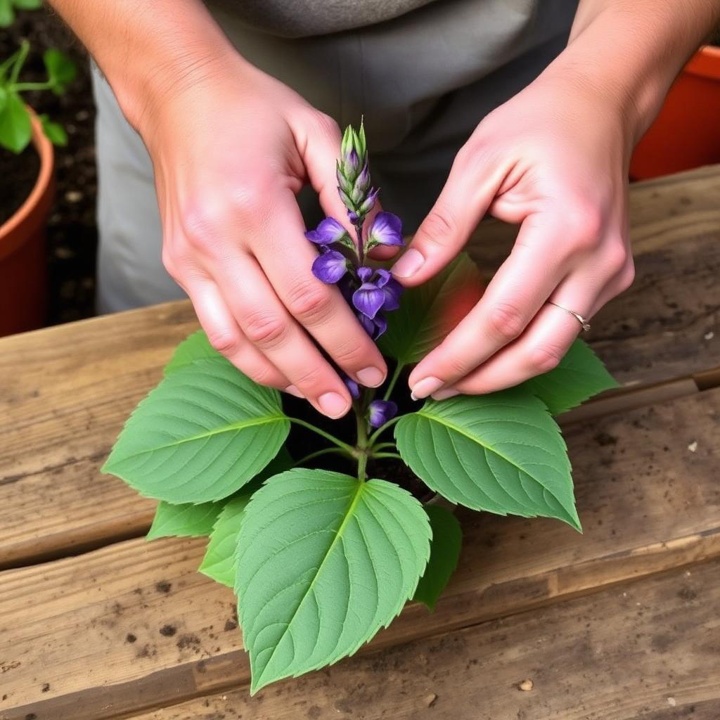 Hands removing lower leaves from a fresh salvia cutting on a wooden potting bench