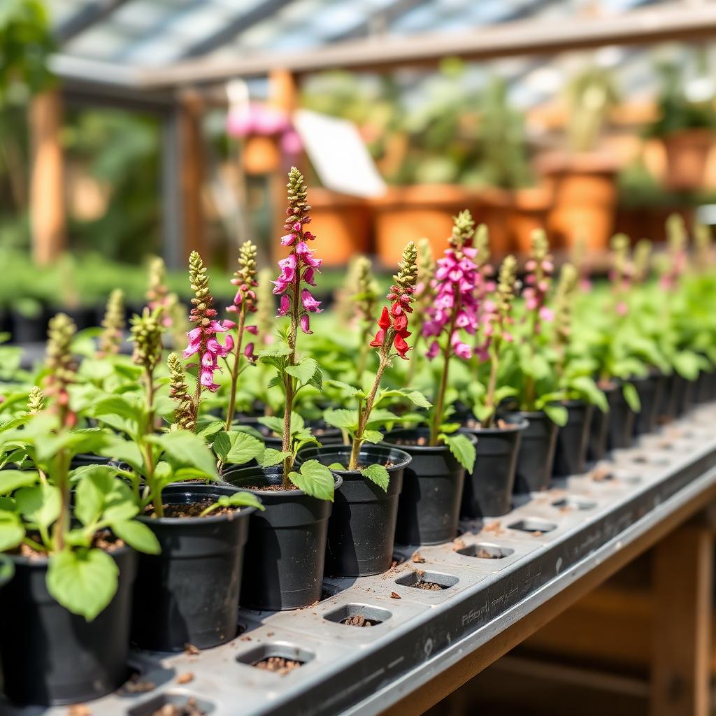 Young rooted salvia plants potted on in individual small black nursery pots on a greenhouse bench