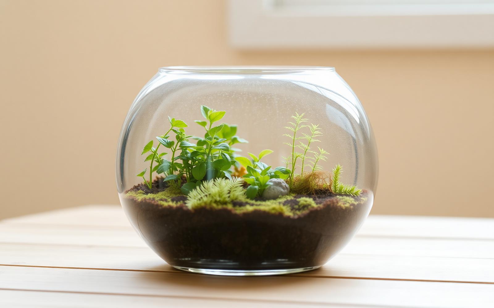 Glass terrarium with small green plants and moss