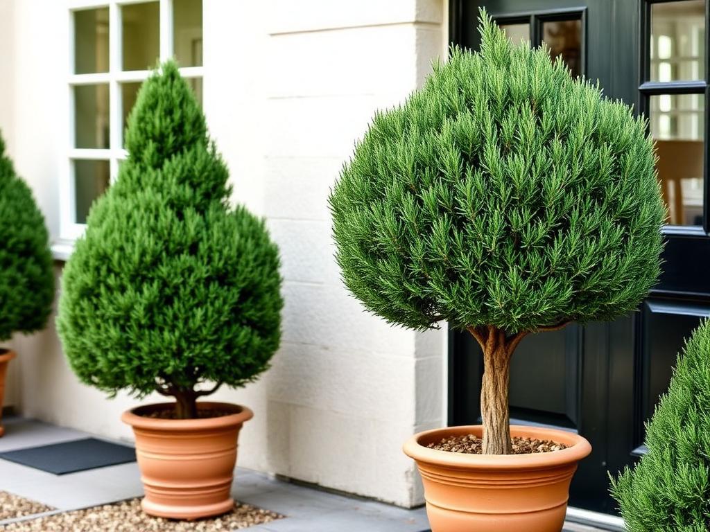 Bay laurel Laurus nobilis standard topiary tree with clipped mophead in a terracotta pot beside a doorway