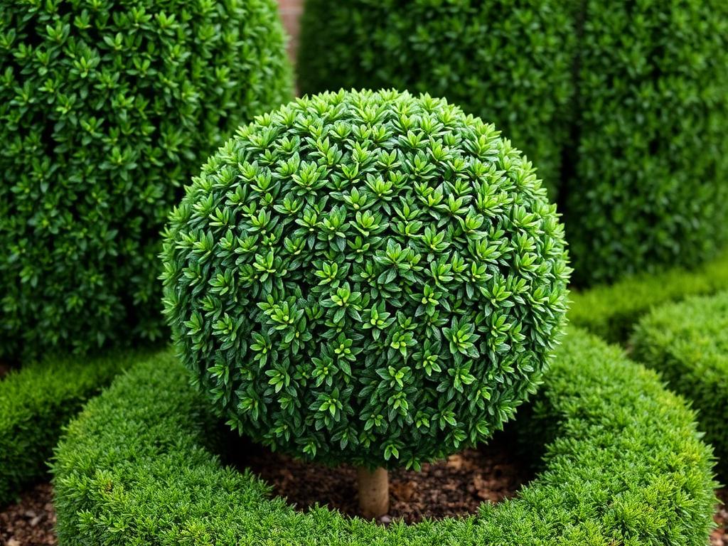 Boxwood topiary ball Buxus sempervirens with tight small dark green leaves clipped into a neat sphere in a garden border