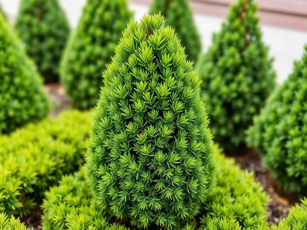Dwarf conifer topiary clipped into a small neat green cone with compact evergreen foliage