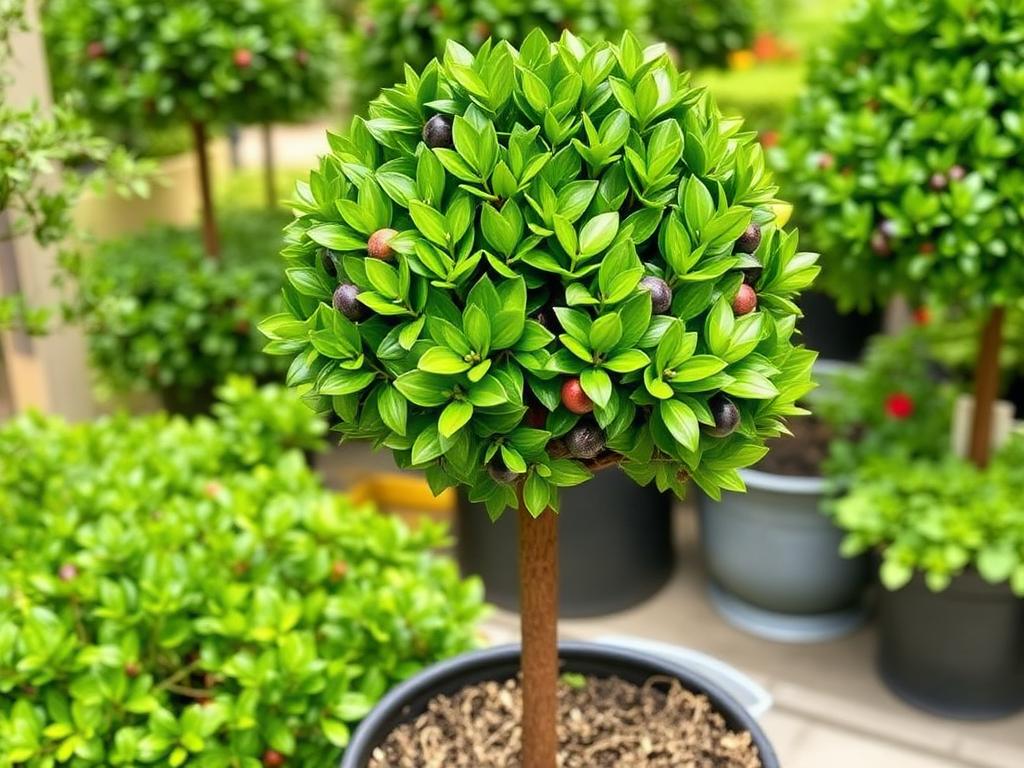 Eugenia topiary Syzygium standard with clipped green leafy round head in a decorative pot