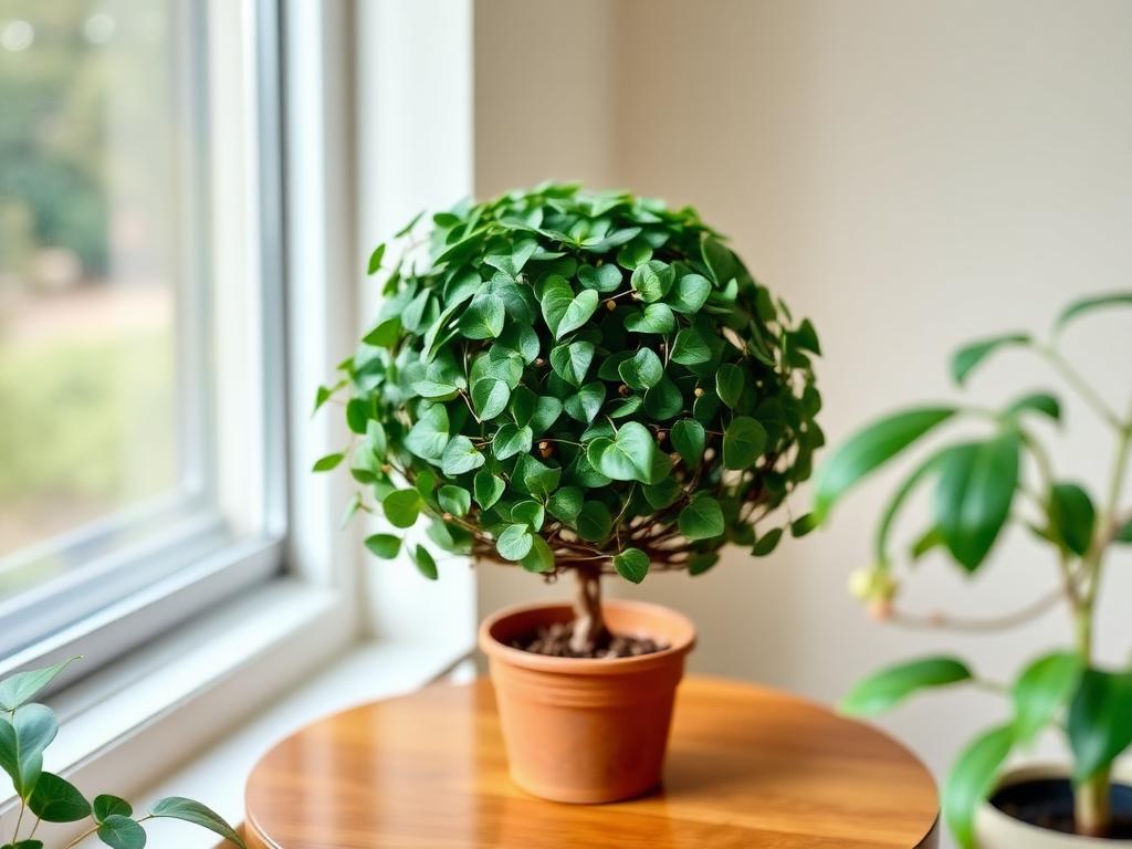 Ivy topiary Hedera helix trained on a wire frame into a green ball shape in a small pot indoors