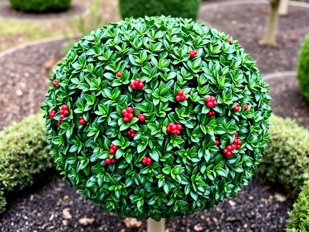 Japanese holly Ilex crenata clipped into a neat topiary ball with small dark glossy leaves