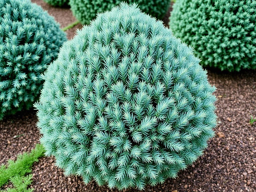 Juniper Juniperus clipped into a spiral topiary with blue-green needled foliage