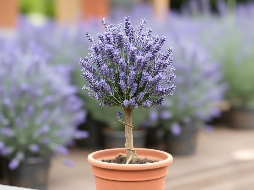 Lavender standard topiary Lavandula clipped into a small purple flowering head on a woody stem in a terracotta pot