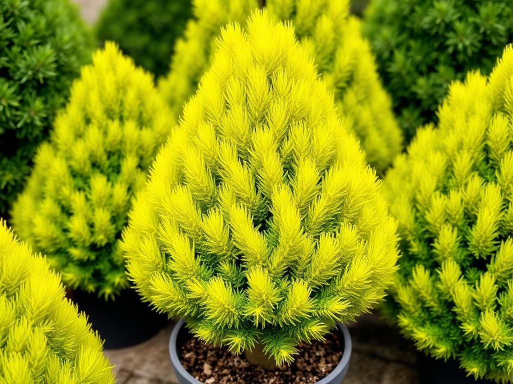 Lemon cypress Cupressus macrocarpa Goldcrest small conical topiary with bright chartreuse yellow-green foliage in a pot