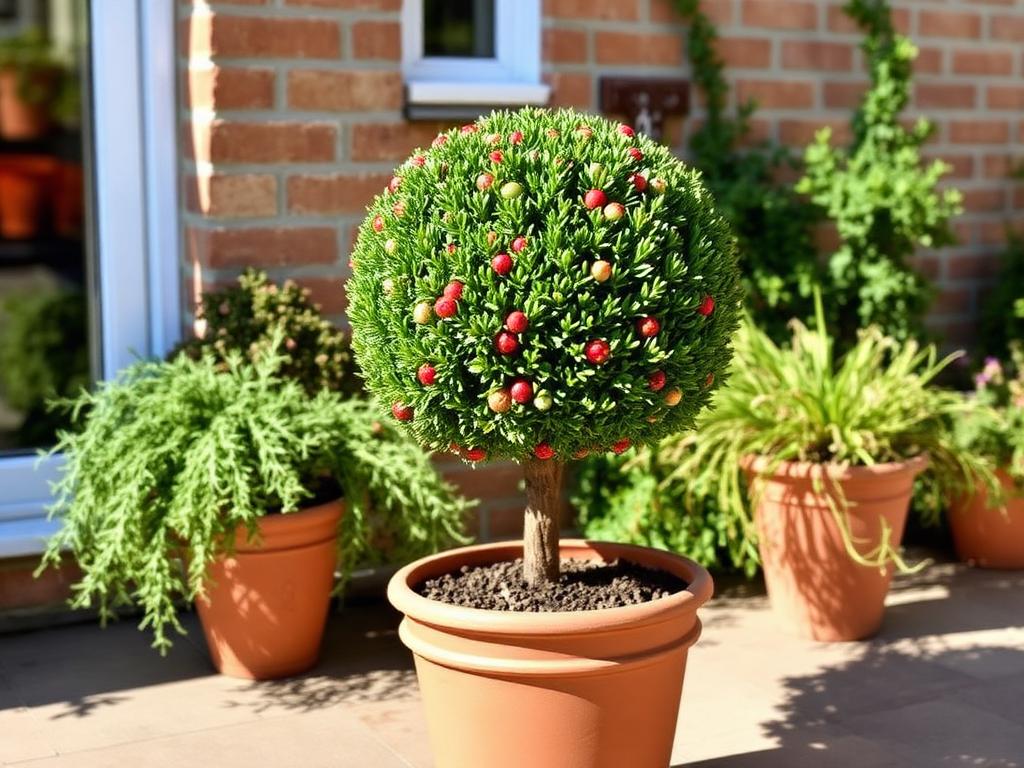 Myrtle Myrtus communis clipped into a small round standard topiary in a terracotta pot on a sunny patio