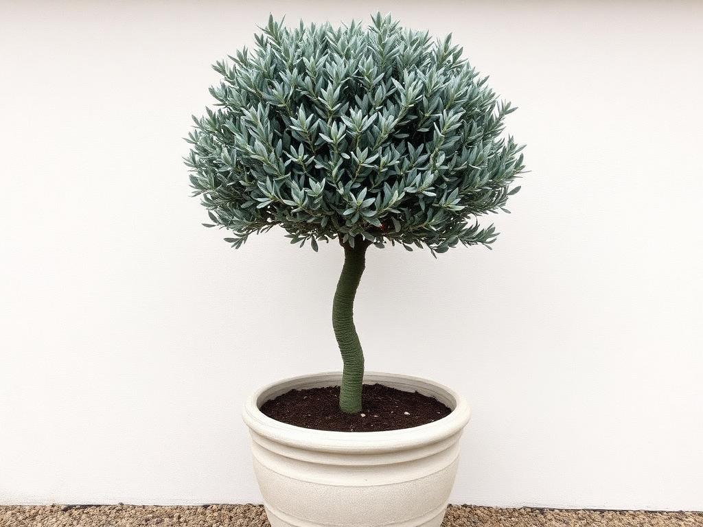 Olive tree topiary Olea europaea standard with silver-green leaves and twisted trunk in a large stone planter