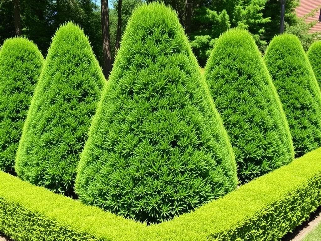 Privet Ligustrum clipped into a formal green topiary cone in a sunny garden