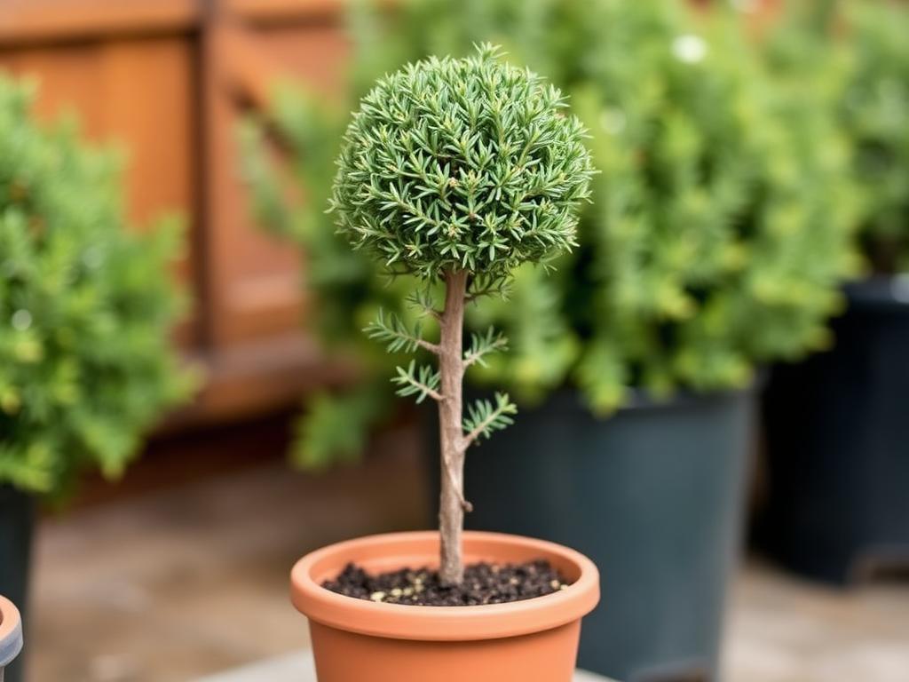 Rosemary standard topiary Rosmarinus officinalis clipped into a small round head on a slim woody stem in a terracotta pot