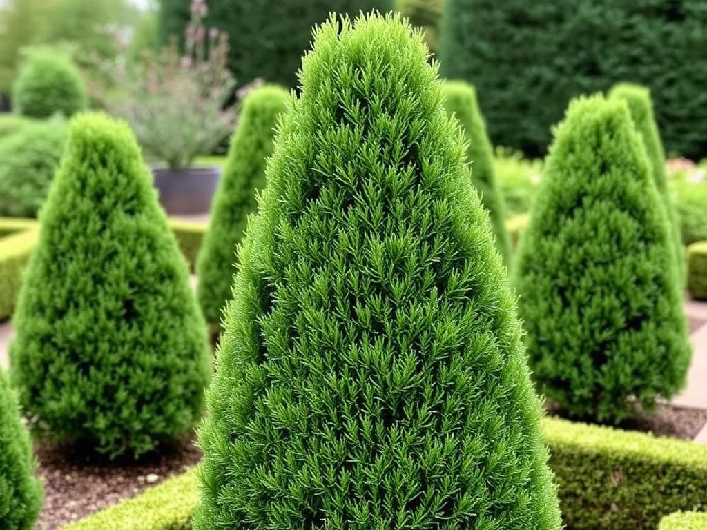 Yew topiary Taxus baccata clipped into a tall green cone shape with dense needled foliage