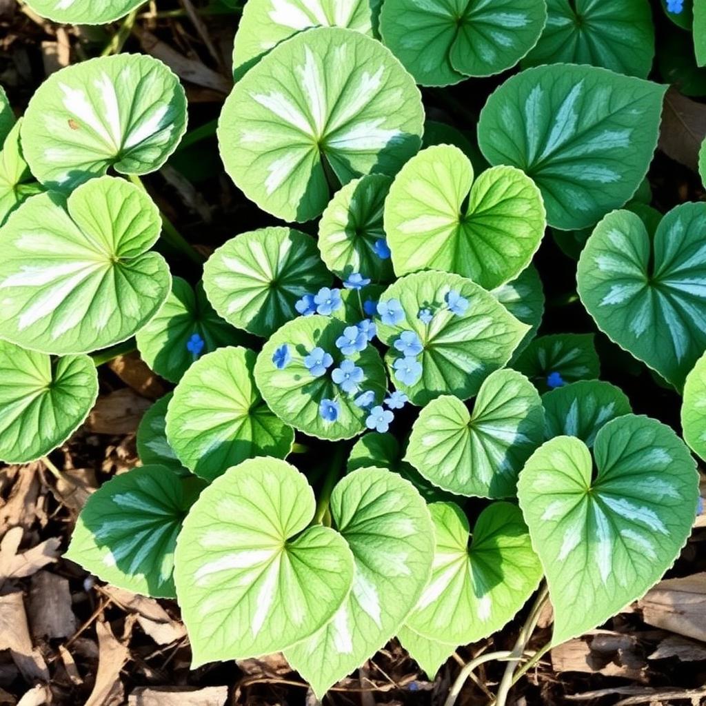 Brunnera macrophylla Jack Frost with silver-marked heart-shaped leaves and small blue spring flowers