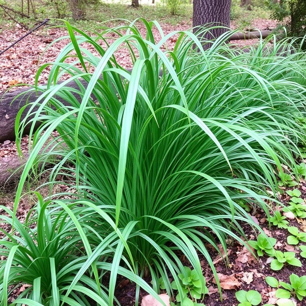 Carex sedge with arching narrow green leaves in a shaded woodland garden