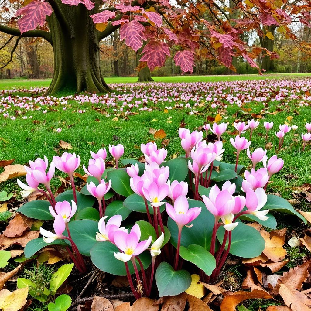 Pink hardy cyclamen flowers naturalised under a tree with marbled green leaves
