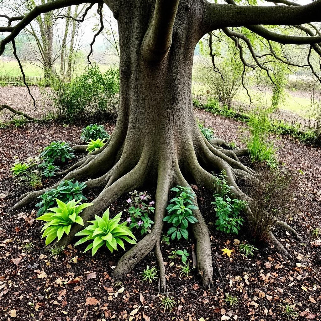 Dry shade planting under a mature tree with tough perennials around exposed tree roots