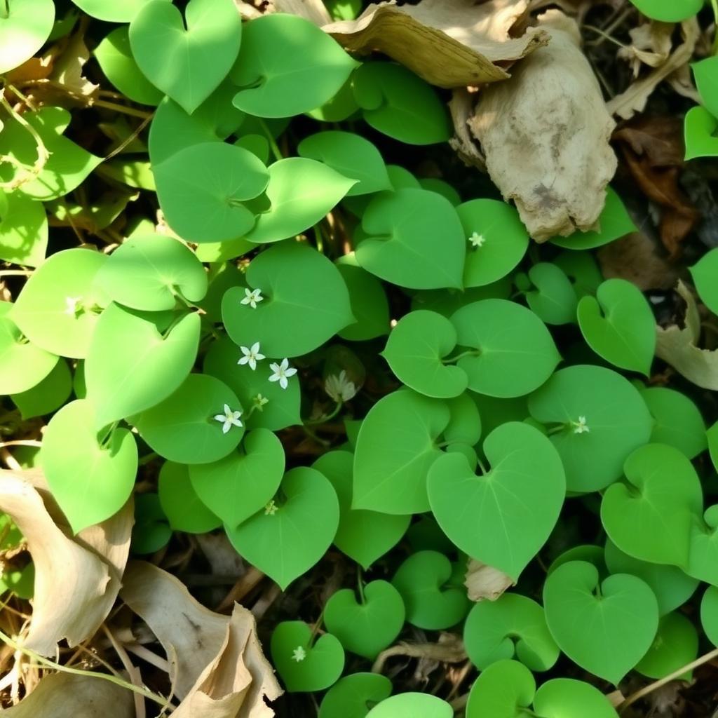 Epimedium barrenwort with heart-shaped green leaves as ground cover in dappled shade