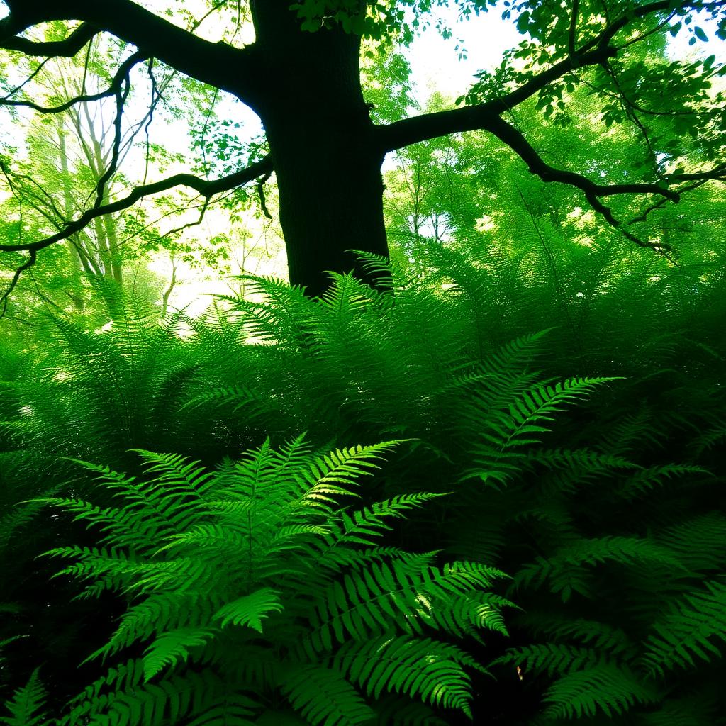 Lush green ferns growing in dappled shade beneath a tree canopy in a woodland garden