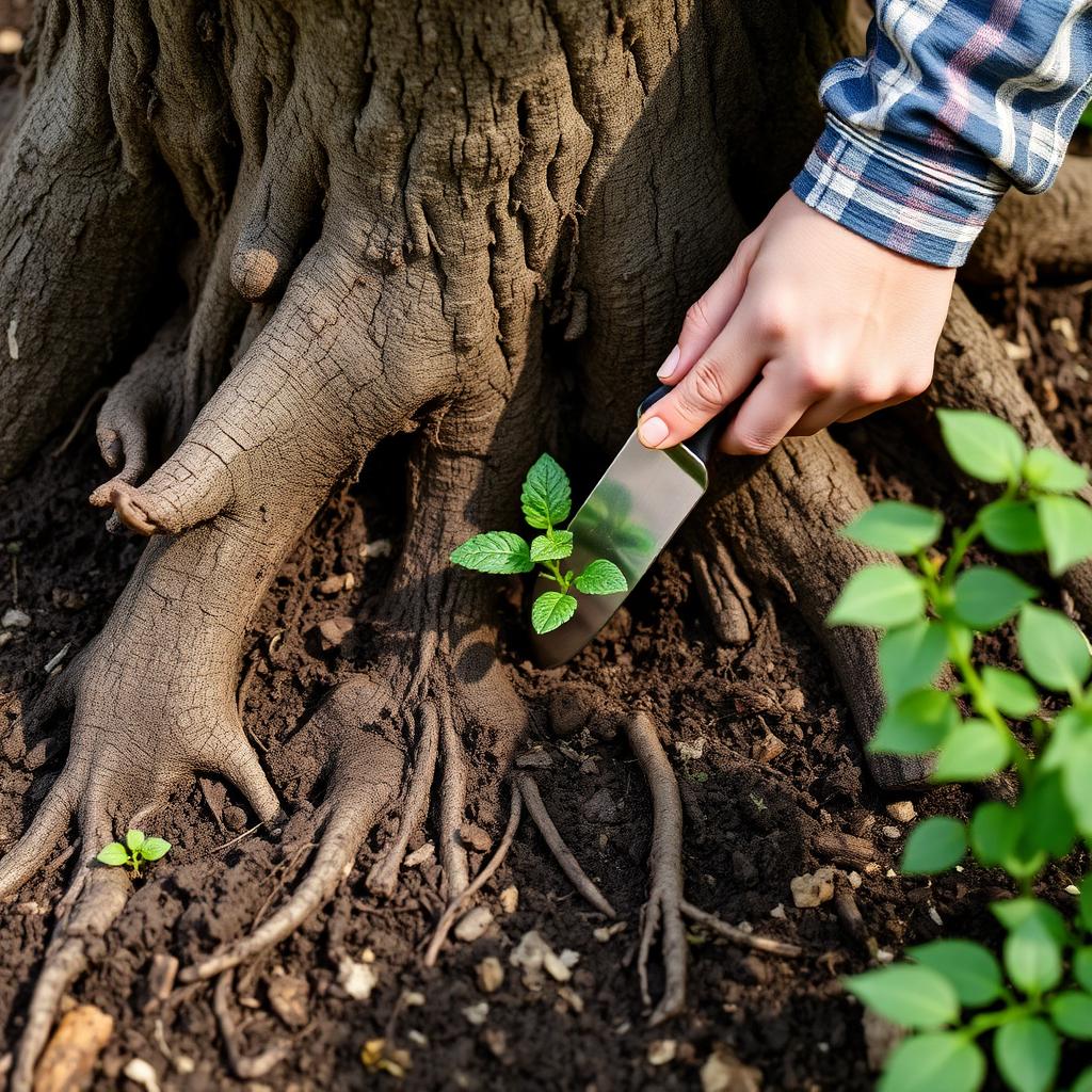Gardener carefully planting a small perennial between exposed tree roots with a hand trowel