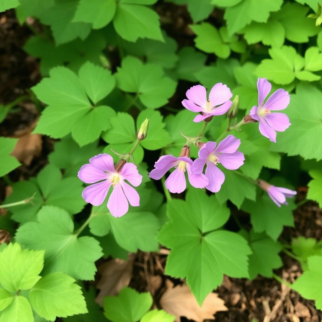 Hardy geranium cranesbill with lobed green leaves and soft purple-pink flowers in a shaded border