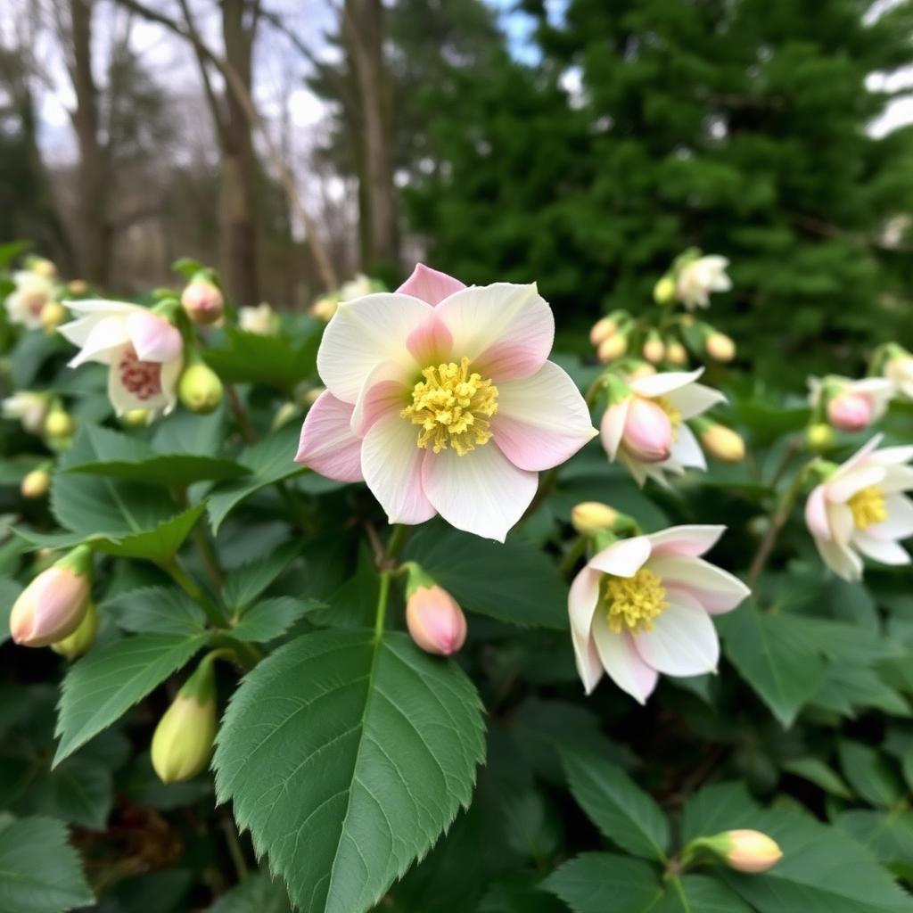 Hellebores Helleborus with nodding pink and cream winter flowers and dark evergreen leaves under trees