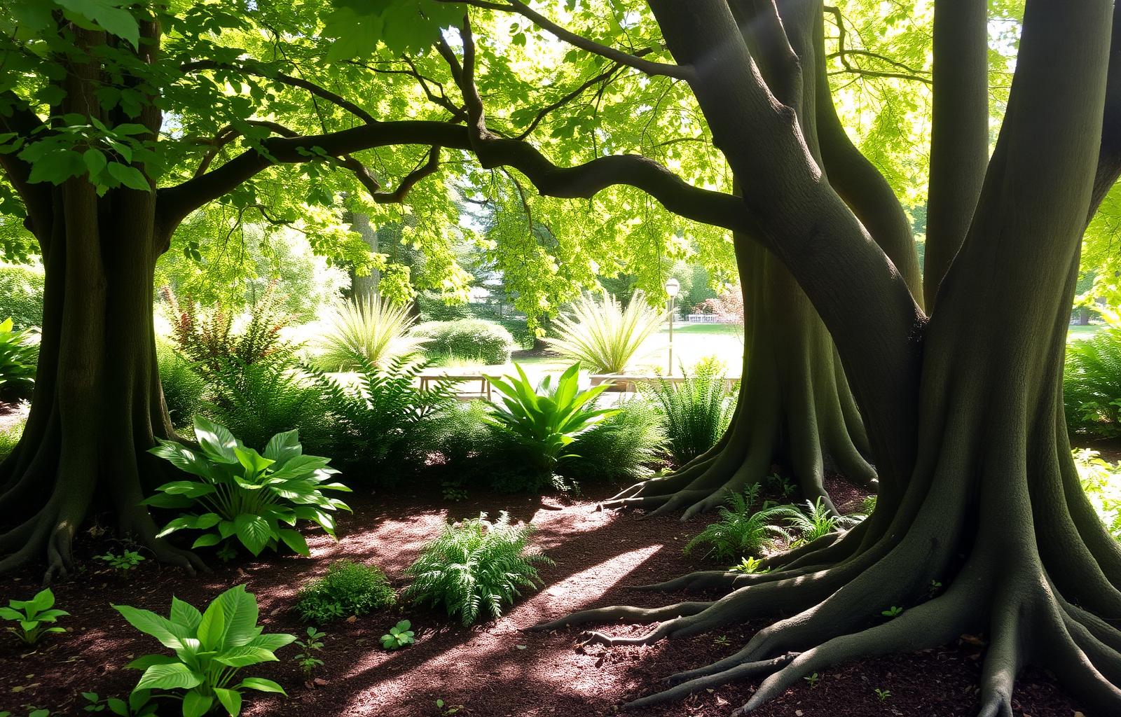 Shade plants and ground cover growing under mature trees