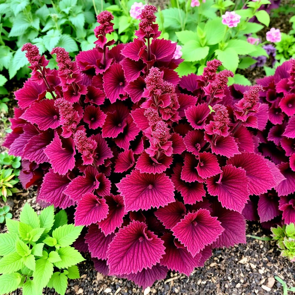 Heuchera coral bells with ruffled deep burgundy and purple leaves in a shaded border