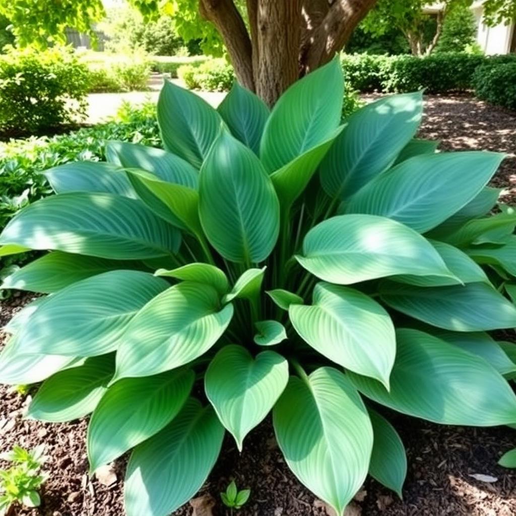Mature hosta with broad ribbed blue-green leaves growing in shaded ground beneath a tree
