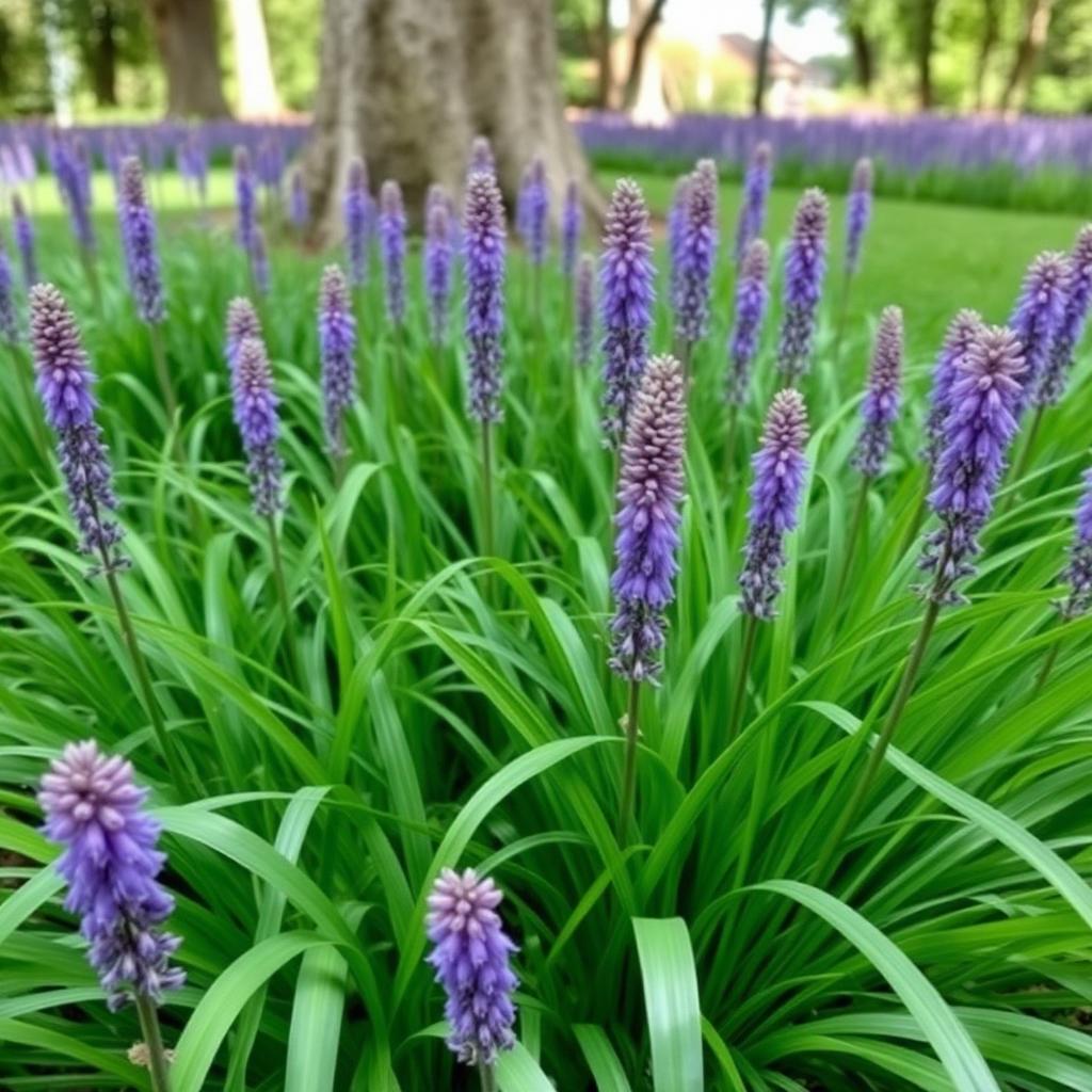 Liriope muscari lilyturf with grasslike dark green leaves and purple flower spikes under a tree