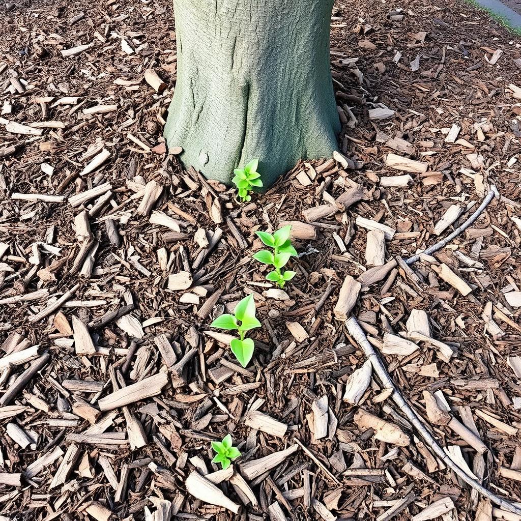Light layer of bark mulch under a tree kept clear of the trunk with small new shade plants emerging