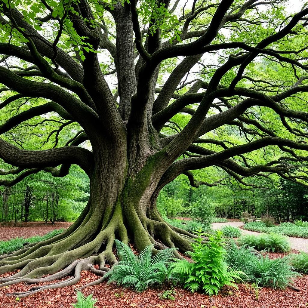 Mature oak tree with broad canopy and visible surface roots with naturalistic understory planting of ferns