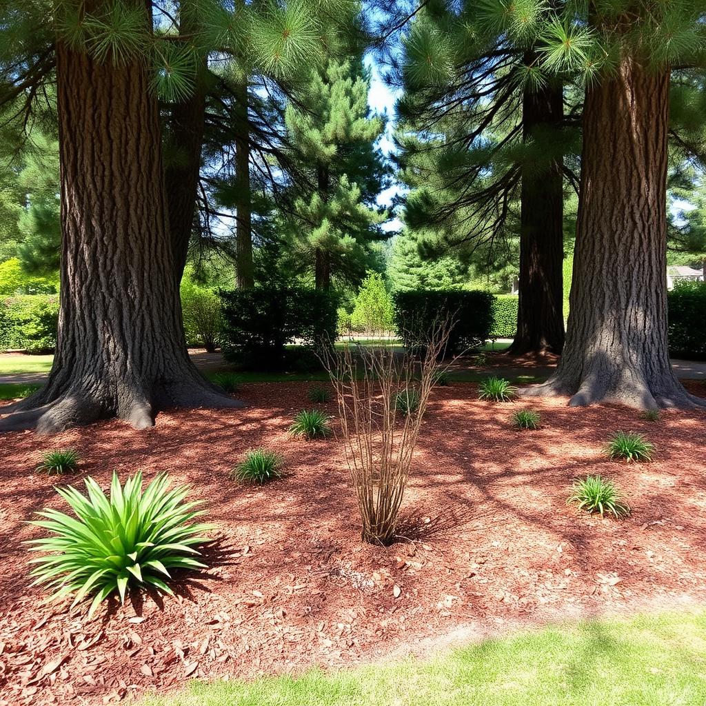 Shaded garden area under tall pine trees with fallen needles and tough shade plants between roots