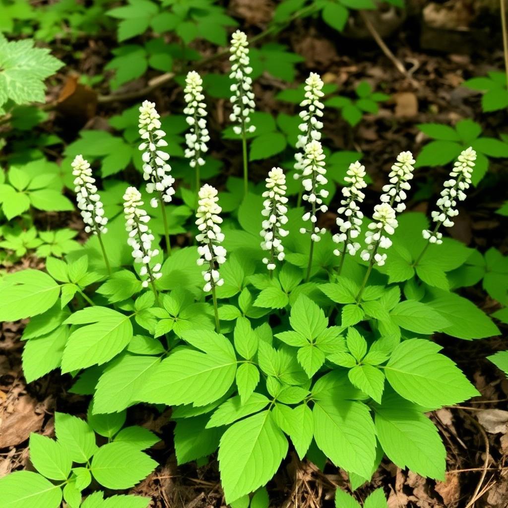 Tiarella foamflower with maple-shaped leaves and soft white flower spikes in shaded woodland