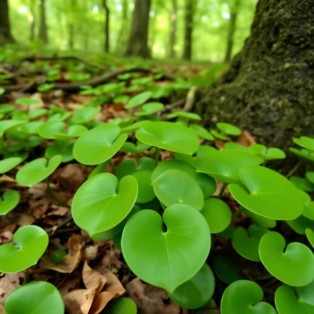 Wild ginger Asarum with glossy rounded green leaves as ground cover on a woodland floor